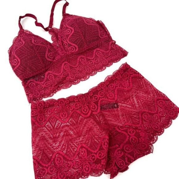 NWOT Yandy Lace Boy Shorts & Bralette Cami Raspberry Pink Size Small Set - Picture 3 of 7